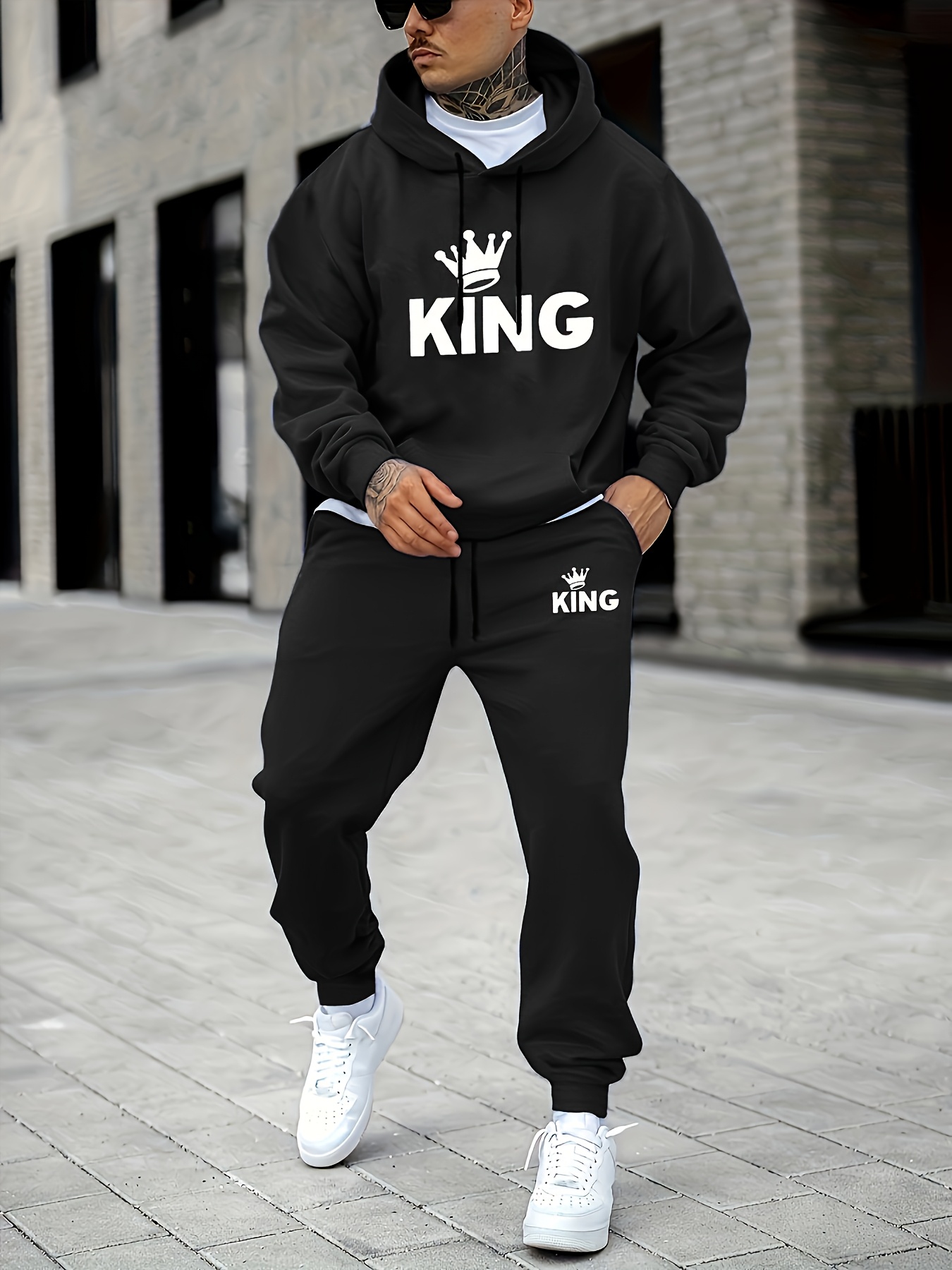 Joggers Pants - Herren-Trainingsanzug mit KING-Kronen-Print, 2-teiliges Outfit, Kapuzenpullover